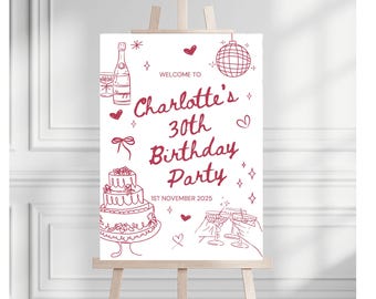 Letrero de bienvenida personalizado para fiesta de cumpleaños color burdeos / Letrero imprimible para cualquier edad / Blanco y negro / Tema de bola de discoteca con pastel de champán / Más colores