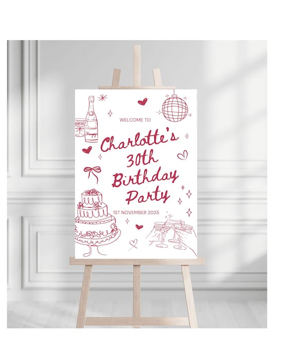 Burgundy Personalised Birthday Party Welcome Sign | Any Age Printable Sign |  Black & White | Champagne Cake Disco Ball Theme | More colours