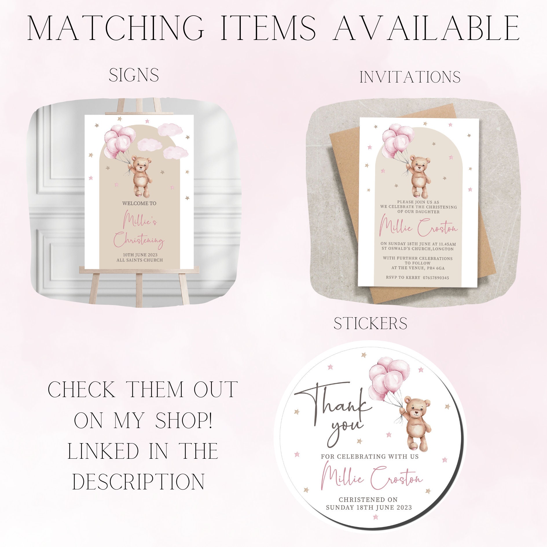 Personalized Pink Christening Sweet Cones With Teddy Bear Sticker - Pre-filled Party Favors