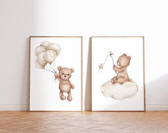 Neutral Teddy Bear Nursery Prints | Beige Nursery Neutral Prints |  | Balloon & Cloud Bear Wall Art Set | Baby Room Decor A5–A1