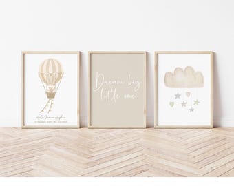 Neutral Nursery Prints | Gender Neutral Nursery Decor | Beige Rainbow Prints | Set of 3 Nursery Wall Art | Neutral Hot Air Balloon & Cloud