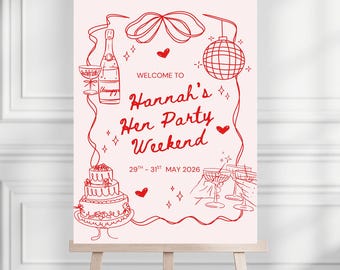 Personalised Hen Party Welcome Sign, Hen Weekend Sign, Bachelorette Party Welcome Board, Custom Bridal Party Sign, Pink and red sign