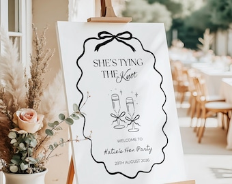 Personalised Hen Party Welcome Sign, She’s Tying The Knot Sign, Hen Do Welcome Board, Bridal Shower Sign, Hens Party Decor, Bow Hen Party
