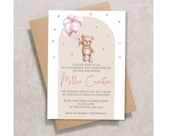 Teddy Bear Girls Christening Invitation | Neutral Printed Baptism Invites | Christening Invitations | Name Ceremony Invites With Envelopes