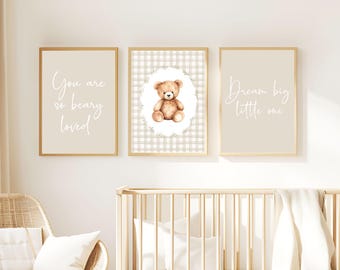 Neutral Nursery Prints | Gender Neutral Nursery Decor | Beige Teddy Bear Prints | Set of Three Nursery Wall Art | Neutral Quote Prints