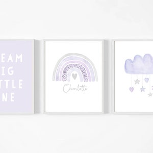 Set of 3 Personalised Watercolour Name Purple Rainbow, Cloud, Baby girl, Nursery Prints, Girls Bedroom, New Baby Gift, Wall Art