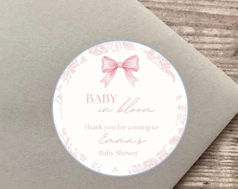 Baby in Bloom Thank You Stickers, Pink Bow Baby Shower Stickers, Floral Toile Baby Shower Labels, Coquette Baby Shower Favour Stickers