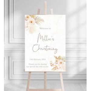 Pampas Christening Boho Style Welcome Sign | Personalised Neutral Christening Sign | Pink Pampas Sign | Baptism Welcome Sign