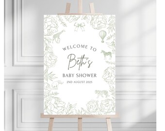 Green Toile Baby Shower Welcome Sign, Safari Baby Shower Sign, Unisex Jungle Baby Shower Decor, Elegant Printable or Foam Board Poster
