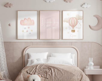 Girls Hot Air Balloon Prints | Watercolour Bedroom Prints | Nursery Baby Art | Hot Air Balloon Wall Print | Dream Big Little One | Set of 3