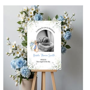 May include: A framed print on an easel, with a black and white photo of hands. The print has text saying "Looking for you in Rainbows" and "Brooke Thomas Smith." A watercolour illustration of Peter Rabbit is on the left. The print is surrounded by blue and white flowers.
