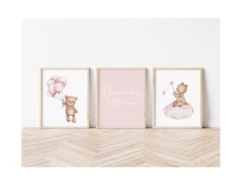Set of 3 Pink Watercolour Teddy Bear Prints, Teddy Cloud, Baby girl, Nursery Prints, Bedroom, New Baby Gift, Wall Art, Dream Big Little One
