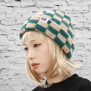 Comfortable Thick Beanie Checked Lime Easily Washable Bonnet à Carreaux Coton Épais Confortable Chaux Winter Collection Nabe Nara by FFD Bild 2