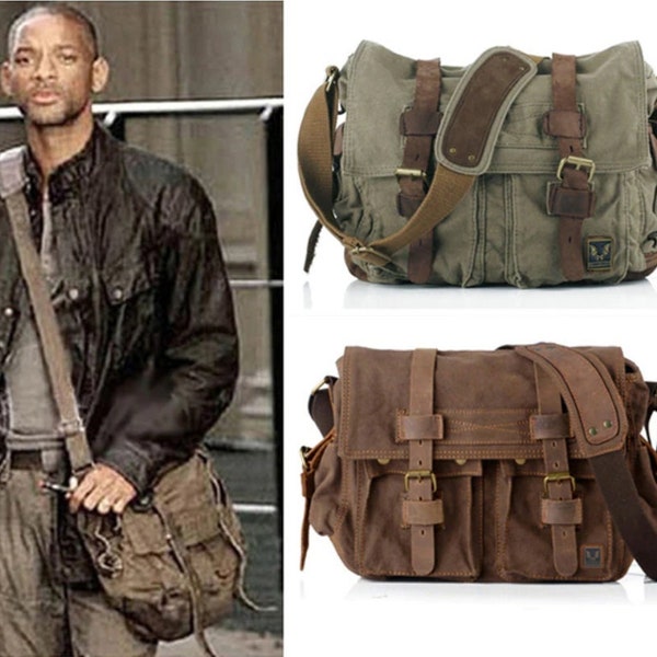 Canvas Military Shoulder Bag Sac à Bandoulière Militaire Toile Sacoche avec lanières en Cuir Véritable Vintage Retro Collection I AM LEGEND