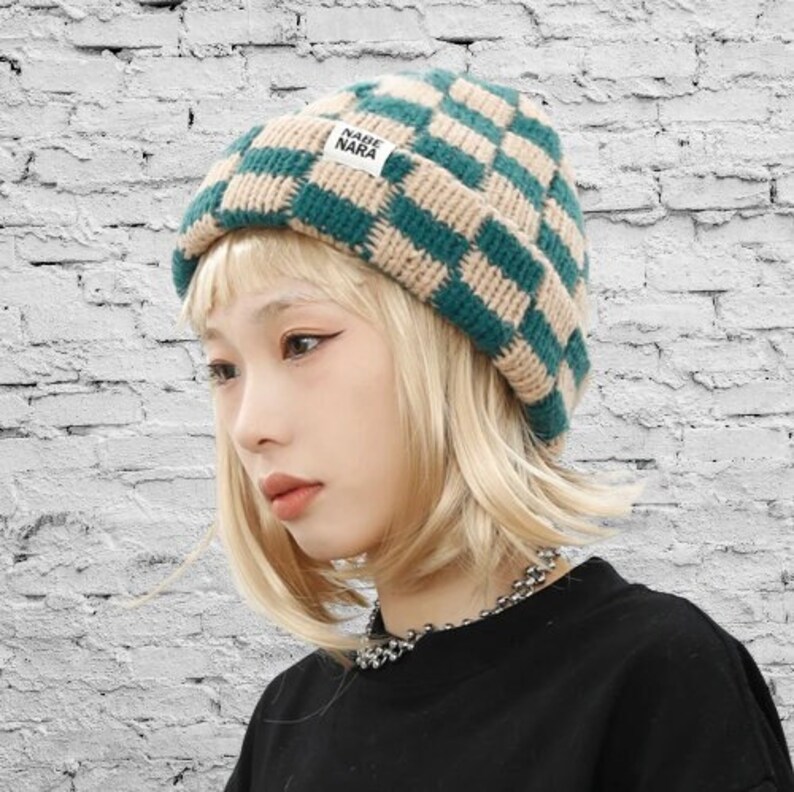 Comfortable Thick Beanie Checked Lime Easily Washable Bonnet à Carreaux Coton Épais Confortable Chaux Winter Collection Nabe Nara by FFD image 2