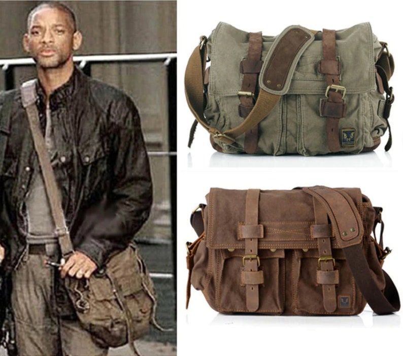 Canvas Military Shoulder Bag Sac à Bandoulière Militaire Toile Sacoche avec lanières en Cuir Véritable Vintage Retro Collection I AM LEGEND image 1