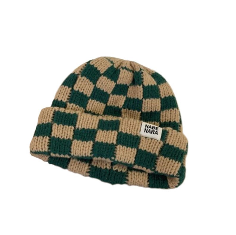 Comfortable Thick Beanie Checked Lime Easily Washable Bonnet à Carreaux Coton Épais Confortable Chaux Winter Collection Nabe Nara by FFD Bild 3