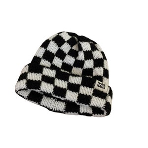 Comfortable Thick Beanie Checked Lime Easily Washable Bonnet à Carreaux Coton Épais Confortable Chaux Winter Collection Nabe Nara by FFD Schwarz