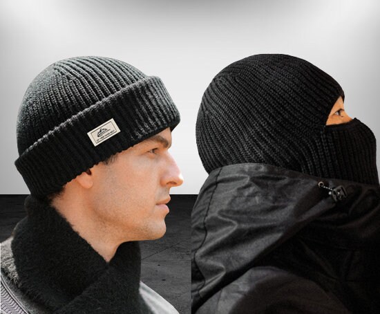 Balaclava Beanie 2in1 in Wool or Thick Cotton Hand-knitted Bonnet Cagoule