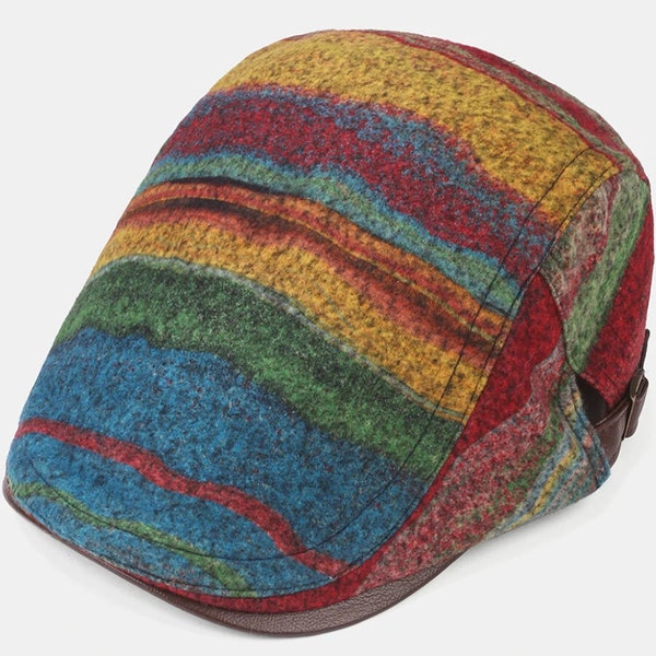 Retro Vintage Style Mixed Pattern Rainbow Stripe Knitted Beret Béret Tricoté Rayure Motif Arc-en-ciel Rétro Vintage FFD Collection 2023