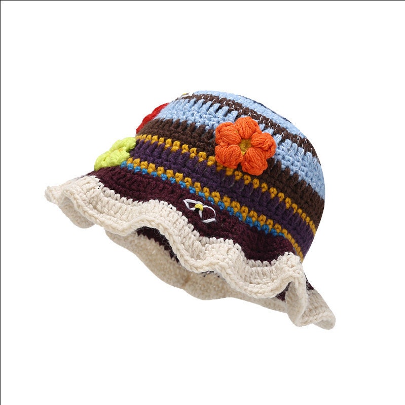 Handmade Crochet Striped Bucket Hat for Women Korean