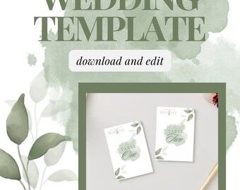 May include: Two printable wedding table number cards with a green watercolor leaf design. The cards say "The Wedding of Ben & Ivy" and "Table One" and "Table Two".