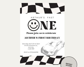 May include: A black and white birthday invitation with a race car theme. The invitation includes the text "DOWNLOAD NOW", "ARTHUR'S FAST ONE", and "Please join us to celebrate ARTHUR'S FIRST BIRTHDAY". The invitation also includes a race car graphic.