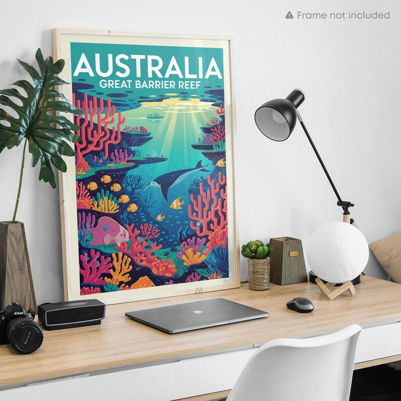 Australia Great Barrier Reef Vintage Travel Poster Print, Coral Reef Marine Life Art, Australian Wall Art Beach Decor, Fish Poster available size guide