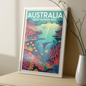 Australia Great Barrier Reef Vintage Travel Poster Print, Coral Reef Marine Life Art, Australian Wall Art Beach Decor, Fish Poster one of big, one of small, two framed sample poster