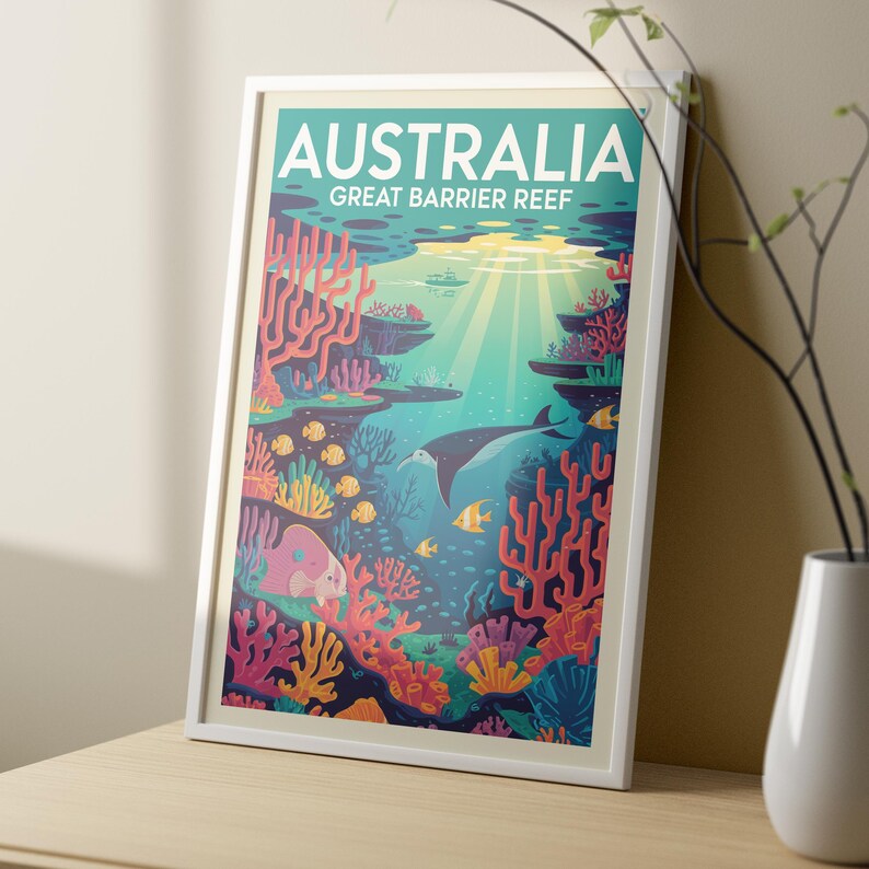 Australia Great Barrier Reef Vintage Travel Poster Print, Coral Reef Marine Life Art, Australian Wall Art Beach Decor, Fish Poster one of big, one of small, two framed sample poster