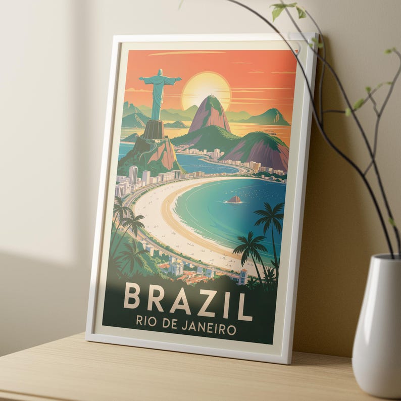Brazil Rio de Janeiro Vintage Travel Poster Print, Christ the Redeemer Wall Art, Sugarloaf Beach Decor one of big, one of small, two framed sample poster