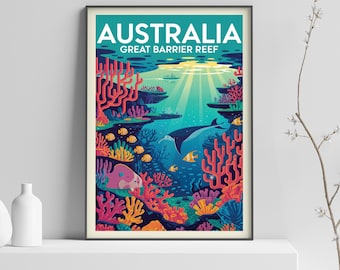 Australia Great Barrier Reef Vintage Travel Poster Print, Coral Reef Marine Life Art, Australian Wall Art Beach Decor, Fish Poster - 374