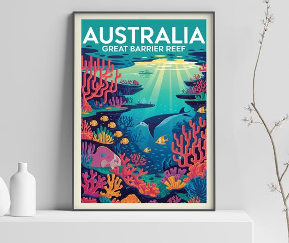 Australia Great Barrier Reef Vintage Travel Poster Print, Coral Reef Marine Life Art, Australian Wall Art Beach Decor, Fish Poster - 374