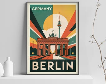 May include: A framed travel poster for Berlin, Germany, featuring the Brandenburg Gate, a tall tower, and the text "GERMANY" and "BERLIN". The poster has a retro style with a color palette of green, orange, yellow, and brown.