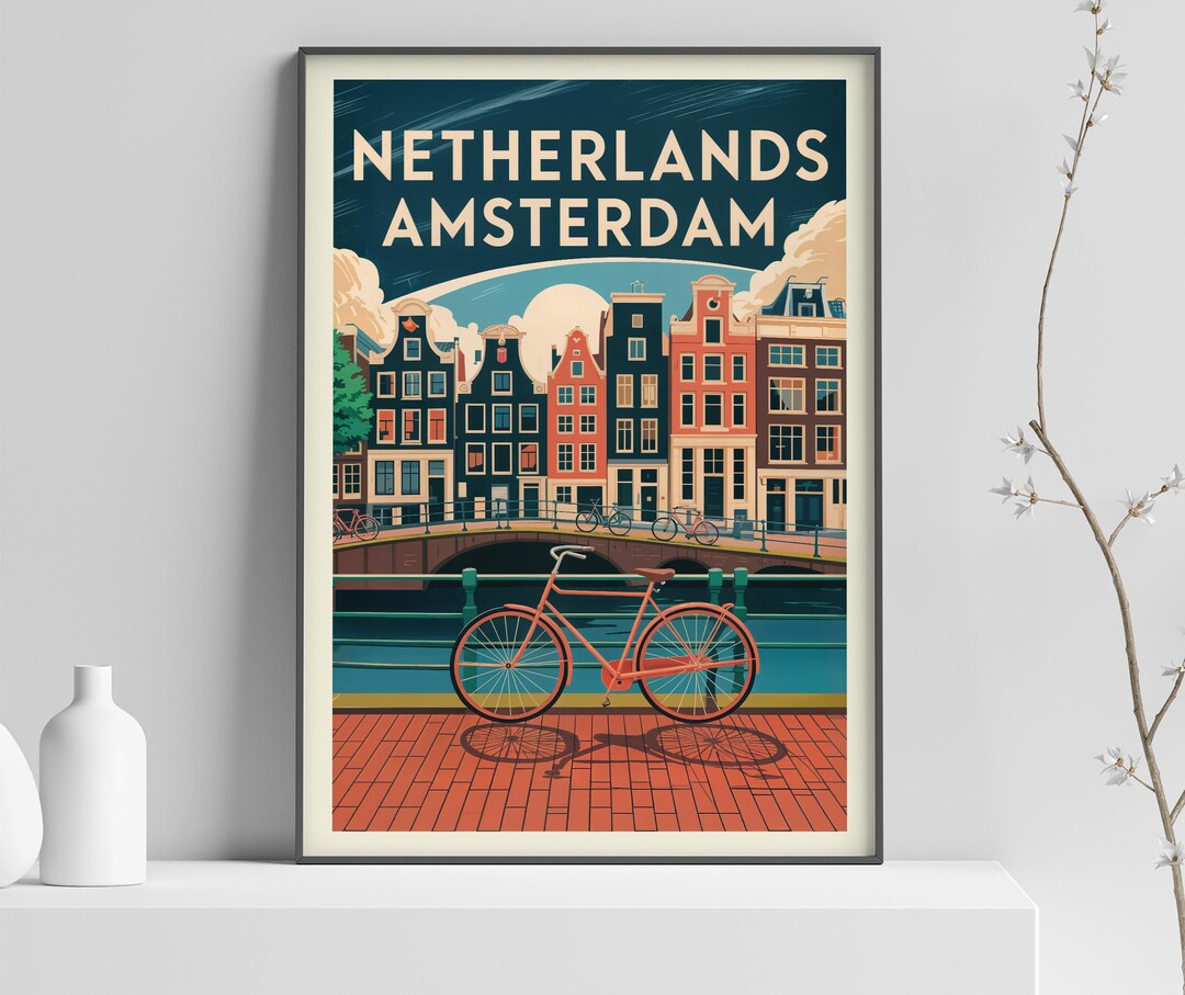 Amsterdam Vintage Travel Poster Print, Netherlands Canal Houses Wall ...