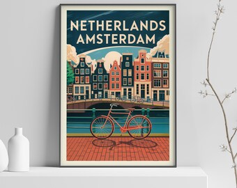 アムステルダムのヴィンテージ旅行ポスタープリント、オランダの運河沿いの家々を描いたウォールアート、カラフルな街並みの装飾、美術館品質のジクレープリント、アムステルダムのプリント - 514