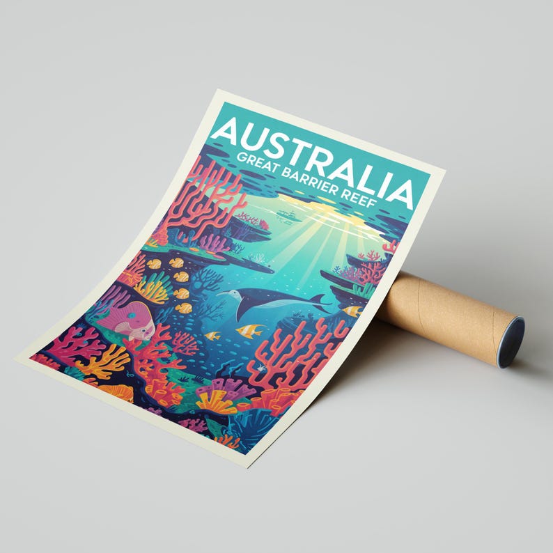 Australia Great Barrier Reef Vintage Travel Poster Print, Coral Reef Marine Life Art, Australian Wall Art Beach Decor, Fish Poster printed paper sample poster