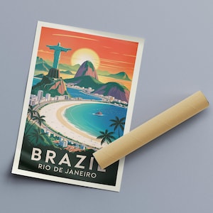 Brazil Rio de Janeiro Vintage Travel Poster Print, Christ the Redeemer Wall Art, Sugarloaf Beach Decor wall hanging framed poster sample