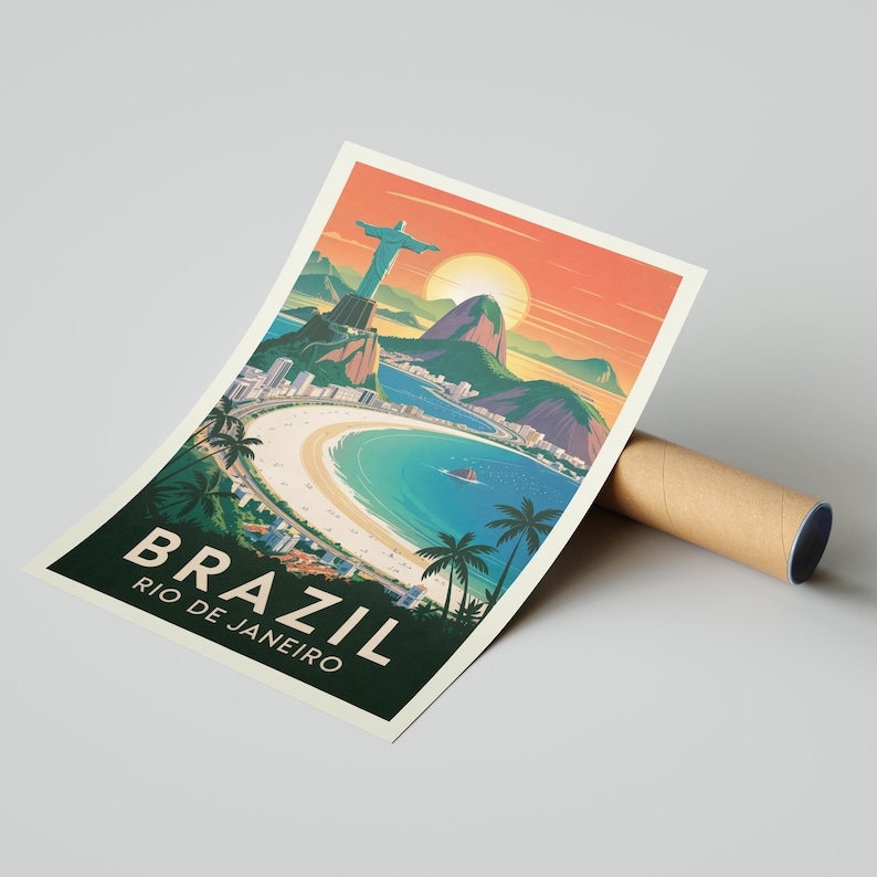 Brazil Rio de Janeiro Vintage Travel Poster Print, Christ the Redeemer Wall Art, Sugarloaf Beach Decor printed paper sample poster