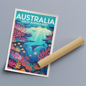 Australia Great Barrier Reef Vintage Travel Poster Print, Coral Reef Marine Life Art, Australian Wall Art Beach Decor, Fish Poster wall hanging framed poster sample