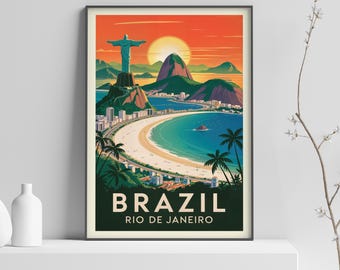 Brazil Rio de Janeiro Vintage Travel Poster Print, Christ the Redeemer Wall Art, Sugarloaf Beach Decor - 383