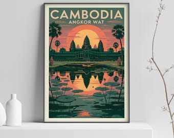 Stampa di poster di viaggio vintage di Angkor Wat, Cambogia - Arte del tempio, paesaggio asiatico, arte murale culturale, architettura antica, decorazioni cambogiane - 388