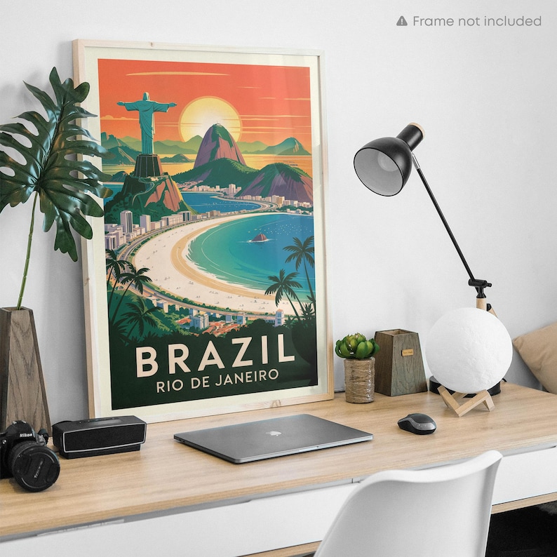 Brazil Rio de Janeiro Vintage Travel Poster Print, Christ the Redeemer Wall Art, Sugarloaf Beach Decor available size guide
