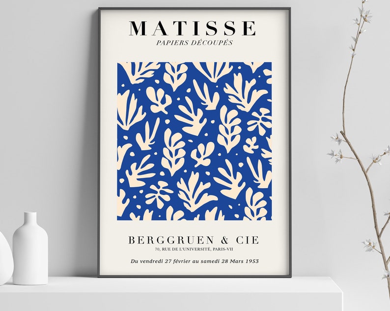 Henri Matisse Cutouts Exhibition Poster Berggruen & Cie 1953 Blue, Beige Leaves Premium Quality Print Vintage Poster 16 image 1