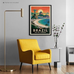 Brazil Rio de Janeiro Vintage Travel Poster Print, Christ the Redeemer Wall Art, Sugarloaf Beach Decor framed with mat poster example of leaning against the wall on the table
