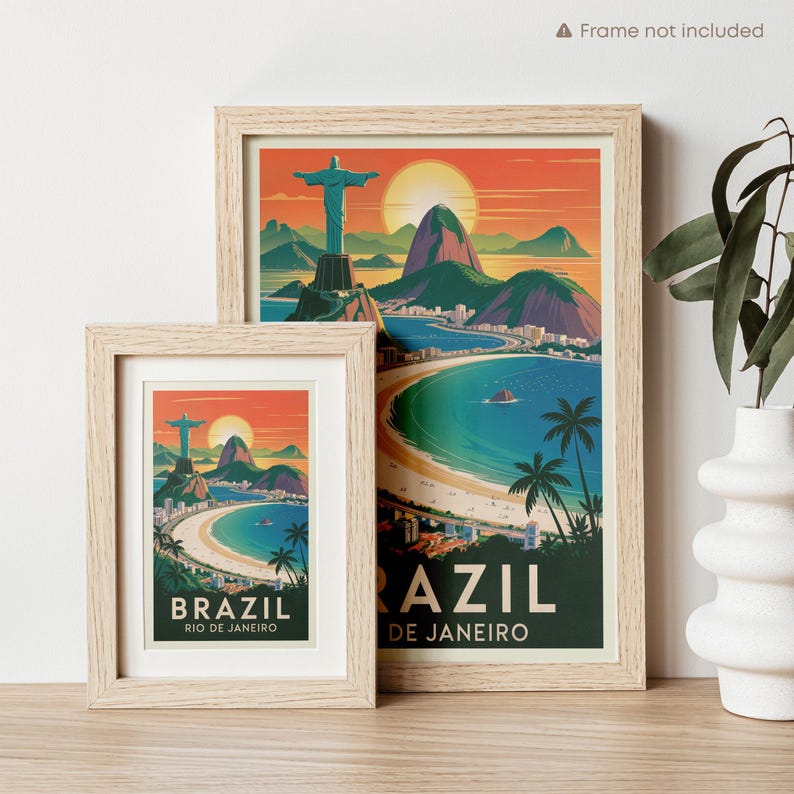 Brazil Rio de Janeiro Vintage Travel Poster Print, Christ the Redeemer Wall Art, Sugarloaf Beach Decor printed paper sample poster