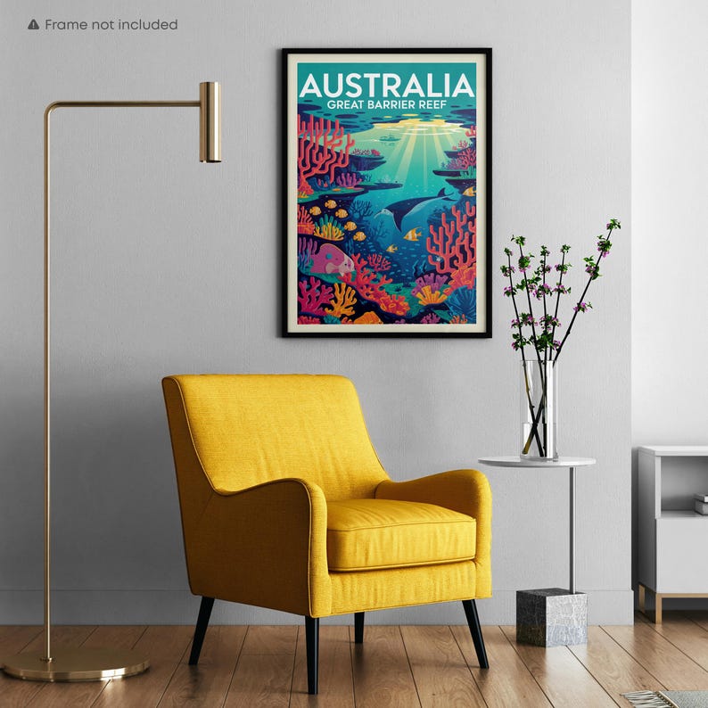 Australia Great Barrier Reef Vintage Travel Poster Print, Coral Reef Marine Life Art, Australian Wall Art Beach Decor, Fish Poster framed with mat poster example of leaning against the wall on the table
