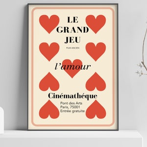 Le Grand Jeu Vintage French Film Poster, Cinematheque Film Ancien Red and Beige Wall Art Retro Print - Minimalist Hearts Wall Art