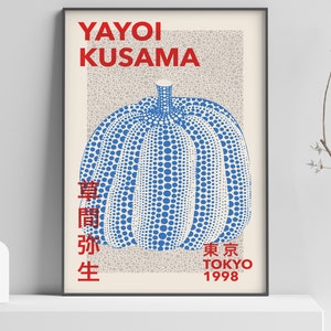 Yayoi Kusama Exhibition Poster - Tokyo 1998 - Pumpkin Forever - Grey, Blue, Red - Japanese Modern Wall Art Print