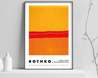 May include: A minimalist poster featuring an abstract painting by Mark Rothko. The painting is dominated by a large, bright yellow rectangle with a thin red stripe across the middle. The text "Rothko 1903-1970 A Retrospective" is printed at the bottom of the poster.